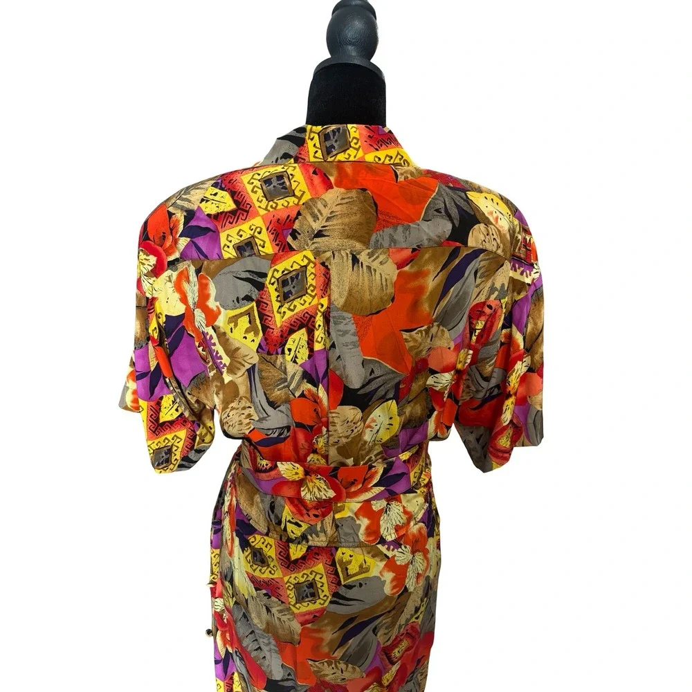 Vintage 100% Silk Tropical Floral Geometric Belted Wrap Midi‎ Dress Multicolor